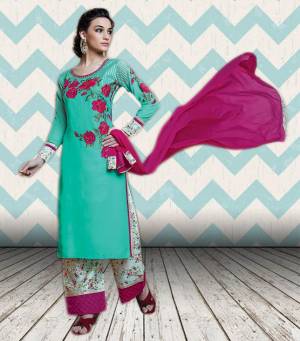 Go Colorful This Summer With This Sea Green Colored Suit Paired With Off-White Colored Bottom And Magenta Pink Colored Dupatta. All Three Contrasting Colors Are Making The Suit Attractive And Hard To Resisit. Buy This Suit Now.