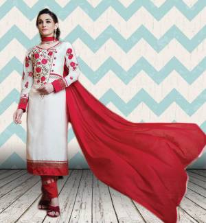 Contrasting Colors Are In This Season. Grab This Off-White Colored Suit Paired With Red Colored Bottom And Dupatta. This Semi-Stitched Suit Is Fabricated On Cotton Satin Which Is Comfortable To Wear All Day Long.