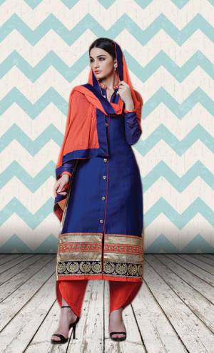 Another Contrasting Combination Is Here Which Is In Huge Demand. Its Blue Colored Top Is Paired With Orange Colored Bottom And Dupatta. This Semi-Stitched Suit Is Fabricated On Cotton Satin Paired With Lawan Cotton Bottom And Chiffon Fabricated Dupatta.