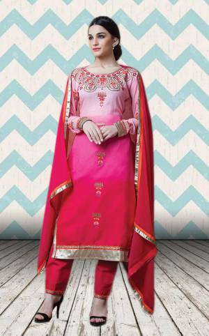 Look Pretty In This Pink Colored Shaded Semi-Stitched Suit. This Suit Is Fabricated On Cotton Satin Which Is Soft Towards Skin And Easy To Carry All Day Long. Buy This Pretty Suit Now.