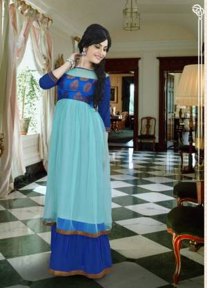 Go With The Hues Of Blue This Season With This Aqua Blue And Royal Blue Colored Gown. This Gown Is Uniquely Patterned In Two Layered Fabricated On Georgette. It Is Durable And Easy To Care For. Buy It Now.