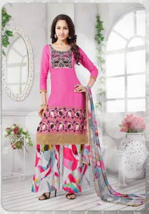 Add Some Casuals To Your Wardrobe With This Cotton Dress Material Which Has Pink Colored Top Paired With Multi Colored Bottom And Dupatta. Get This Suit Stitch As Per Your Desired Fit And Comfort. Buy This Pretty Suit Now.