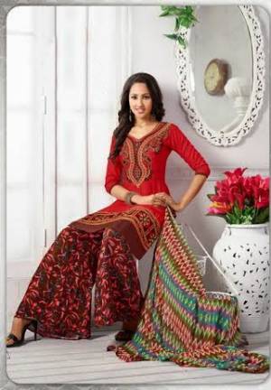 For Your Regular Wear  Grab This Red Colored Suit Paired With Maroon Colored Bottom And Multi Colored Dupatta. This Casual Dress Material Is Fabricated On Cotton and Chiffon Dupatta 