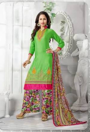 Summer Is All About Comfortable And Colorful Attire. Grab This Light Green Colored Top Paired With Multi Colored Bottom And Dupatta. This Dress Material Is Fabricated On Cotton Which Is Comfoirtable To Wear And Easy To Carry Whole Day Long.