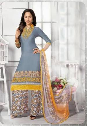 Look Simple Yet Elegant In This Sophisticated Grey Colored Suit Paired With Yellow And Grey Colored Bottom And Dupatta. Get this Cotton Fabricated Dress Material Stitched Into A Suit As Per Your Desired Fit and Comfort. Buy This Suit Now.