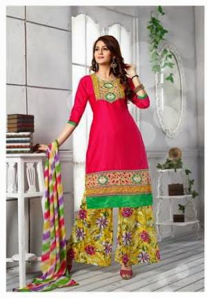 Bright And Visually Appealing  this Rani Pink Colored Suit Paired With Contrasting Yellow Colored Bottom And Multi Colored Dupatta. This Dress Material Is Fabricated On Cotton Paired With Chiffon Dupatta 
