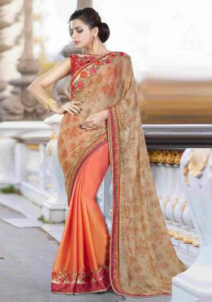 Jewel Tones Are The Color Pick Of The Season. This Graceful Beige And Orange Colored Saree Paired With Red Colored Blouse. It Is Beautified With Floral Print Which Give You A Cocktail Mix Of Edgy And Delicate. 
