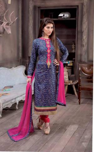 If Those Readymade Suit Does Not Lend You The Desired Fit Than Grab This Dress Material In Blue Color Paired With Red Colored Bottom And Pink Colored Dupatta. Get This Stitched As Per Your Desired Fit And Comfort. 