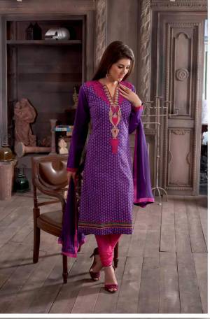 Grab This Purple Colored Dress Material Paired With Pink Colored Bottom. Its Top And Bottom Are Fabricated On Cotton Paired With Chiffon Dupatta. Grab This Dress Material And Get This Stitched As Per Your Fit And Comfort.