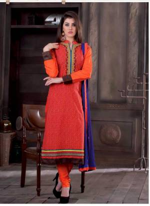 Bright And Visually Appealing, Add This Lovely Orange Colored Dress Material Paired With Blue Colored Dupatta. Its Top And Bottom Are Fabricated On Cotton Paired With Chiffon Dupatta. Buy This Now.