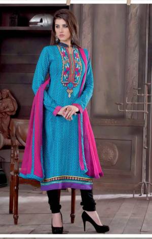 Add This Pretty Turquoise Blue Colored Suit Paired With Black Colored Bottom And Contrasting Pink Colored Dupatta. Its Top And Bottom Are Fabricated On Cotton Paired With Chiffon Dupatta.