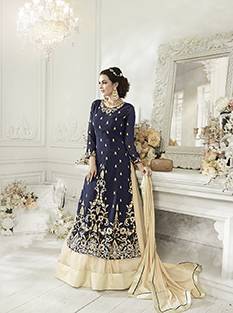 Grab This Indo-Western Suit In Navy Blue Colored Top Paired With Beige Colored Bottom And Dupatta. Its Top Is Fabricated On Georgette Paired With Santoon Bottom And Chiffon Dupatta. This Suit IS Comfortable To Carry All Day Long. Buy Now.