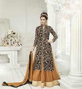 Enhance Yout Beauty Wearing This Indo-Western Suit In Black Color Paired With Pastel Brown Colored Skirt And Dupatta. Its Top Is Fabricated On Georgette Paired With Net And Santoon Skirt And Chiffon Dupatta. Buy It Now.
