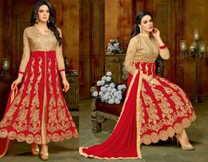 Look Beautiful In This Two-In-One Attire Which Comes With A Lehenga And Bottom. Get This Pretty Dress Dtitched As Per your Convinient. Make It As An Anrakali Suit Or Lehenga Choli. Its Choli Or Yoke Is In Beige Color Paired With Red Colored Skirt And Dupatta And Beige Colored Bottom.  Buy This Lovely Attire Now.
