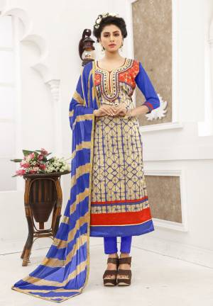 Simple And Casual, Grab This Stright-Cut Dress Material In Beige And Blue Color Paired With Blue Colored Bottom And Beige And Blue Colored Dupatta. Its Top And Bottom Are Fabricated On Cotton Paired With Chiffon Dupatta. Buy It Soon.