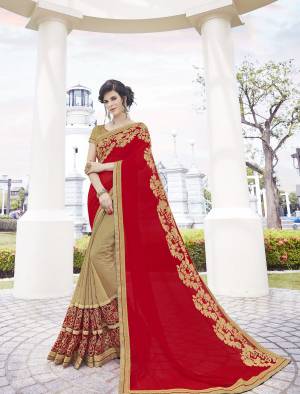 Look Simple And Elegant In This Designer Saree In Red And Beige Color Paired With Beige Colored Blouse. This Saree Is Fabricated On Georgette And Art Silk Paired With Art Silk And Net Fabricated Blouse. This Saree Is Light Weight And Also Easy To Carry Throughout The Gala.
