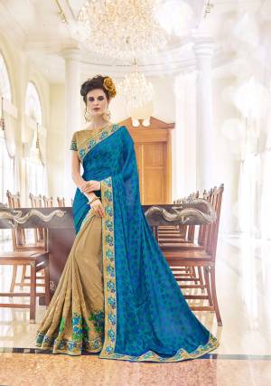 Wear This Amazing Dark Beige And Teal Blue Coloured Saree  at an upcoming special occasion and let all eyes follow you. This Gorgeous saree features an elegantly designed border and comes with Banglori SIlk Blouse Made from Georgette Saree. It will complement gold jewellery and heels.