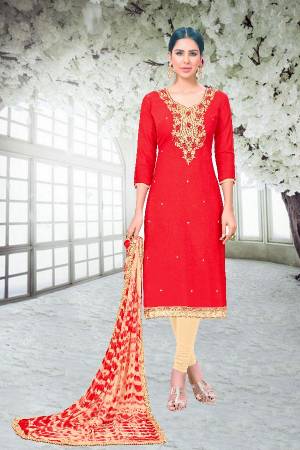 Adorn The Angelic Look With This Red Colored Top Paired With Cream Colred Bottom And Cream And Red Colored Dupatta. Get This Dress Material Stitched As Per Your Desired Fit And Comfort. Buy This Dress Material Now.