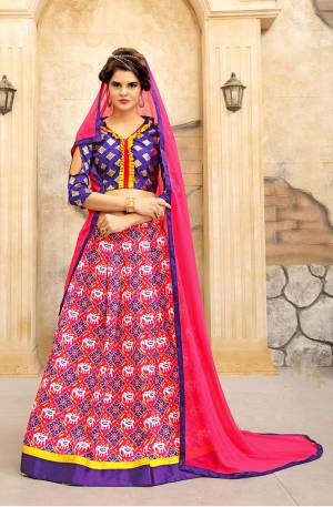 Look Pretty Wearing This Lehenga Choli In Purple Colored Blouse Paired With pink And Purple Lehenga and Pink Colored Dupatta. This Lehenga Choli Is Fabricated On Art Silk Paired With Georgette Fabricated Dupatta. It Is Beautified With Prints All Over.