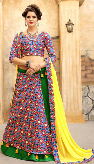 Grab This Elegant Designer Lehenga Choli In Multi And Green Color Paired With Yellow Colored Dupatta. Its Lehenga And Choli Are Fabricated On Art Silk Paired With Georgette Fabricated Dupatta. Wear This At The Next Wedding Function Or Any Festive. Buy This Now.