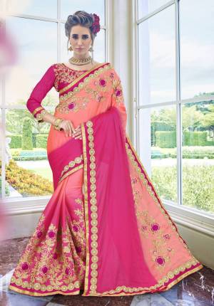 Bright And Visually Appealing, Grab This Saree In Peach And Fuschia Pink Color Paired With Fuschia Pink Colored Blouse. This Saree Is Fabricated On Satin Silk Paired With Art Silk Fabricated Blouse. This Heavy Designer Saree IS Suitable For Any Occasion At Your Place.