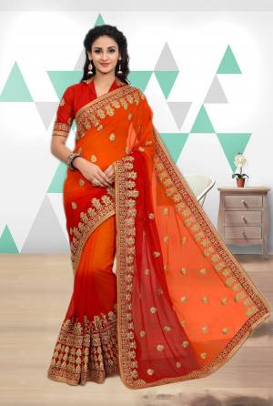 Orange And Red Color Induces Perfect Summery To Any Outfit So Grab This Attractive Saree On Orange And Red Color Paired With Red Colored Blouse. This Saree Is Fabricated On Georgette Paired With Art Silk Fabricated Blouse Which Is Easy To Carry All Day Long.
