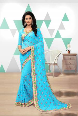 Here Is A Very Pretty colored Designer Saree. Buy This Saree In Sky Blue color Paired With Sky Blue Colored Blouse. This Saree Is Fabricated On Georgette Paired With Art Silk Fabricated Blouse. It Is Beautified With Contrasting Colored Thread Embroidery. Buy This Saree Now.