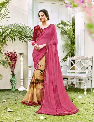 Look Pretty wearing This Pink And Beige Colored Saree Paired With Dark Pink Colored Blouse. This Saree Is Fabricated On Georgette Paired With Art Silk Fabricated Blouse. It Has Prints Over The Saree And Embroidered Blouse.