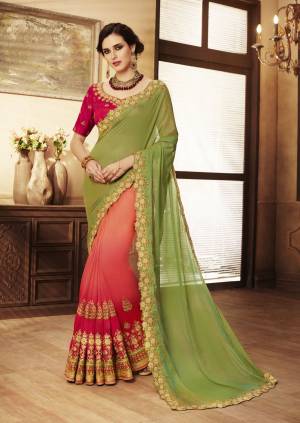 For A Proper Traditonal Look, Here Is A Saree With Traditonal Colors In Green And Red Color Paired With Red Colored Blouse. This Saree Is Fabricated On Chiffon Silk Paired With Art Silk Fabricated Blouse. It Has Cut Work Embroidery Over The Lace Border, Also It Is Light In Weight And Easy To Carry All Day Long.