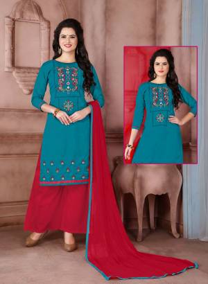 Look Pretty With This Dress Material In Blue Color Paired With Contrasting Red Colored Bottom And Dupatta. Its Top Is Fabricated On Cambric Cotton Paired With Cotton Bottom And Chiffon Dupatta. Get This Stitched As Per Your Daily Wear Comfort. Buy Now.