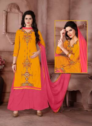 Yellow Color Induces Perfect Summery Appeal To Any Attire, So Grab This Dress Material With Yellow Colored Top Paired With Contrasting Pink Colored Bottom And Dupatta. Its Top Is Fabricated On Cambric Cotton Paired With Cotton Bottom And Chiffon Dupatta. This Suit Is Light Weight And Easy To Carry All Day Long.