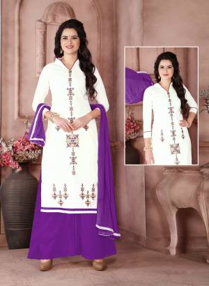 Simple And Elegant Looking Dress Material Is Here With This White Colored Top Paired With Purple Colored Bottom And Dupatta. Its Top Is Fabricated On Cambric Cotton Paired With Cotton Bottom And Chiffon Dupatta. Bu It Now.
