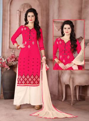 Bright And Visually Appealing Suit Is Here With This Dark Pink Colored Top Paired With Cream Colored Bottom And Dupatta. Its Top Is Fabricated On Cambric Cotton Paired With Cotton Bottom And Chiffon Dupatta. Get This Stitched As Per Your Desired Fit And Comfort. Buy Now.