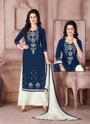 You Will Definitely Earn Lots Of Compliments From Onlookers Wearing This Blue Colored Dress Material Paired With White Colored Bottom And Dupatta. Its Top Is Fabricated On Cambric Cotton Paired With Cotton Bottom And Chiffon Dupatta. This Suit Ensures Superb Comfort All Day Long.