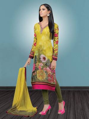 Add this Straight Cut Suit To your Wardrobe In Pear Green Colored Top Paired With Olive Green Colored Bottom And Pear Green Colored Dupatta. Its Top And Bottom Are Fabricated On Crepe Paired With chiffon Dupatta Buy Now.