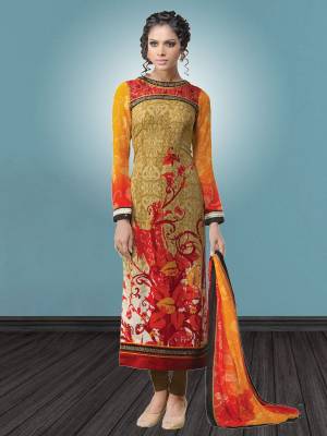 Casual Suits are Must For Daily Wear, So Grab This Simple Suit In Orange And Red Color Paired With Green Colored Bottom. Its Top And Bottom Are Fabricated On Crepe Paired With Georgette Fabricated Dupatta. It Is Light Weight And Easy To Carry All Day Long.