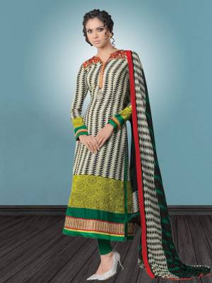 Go colorful With This Multi Colored Straight Cut suit Paired With Green colored Bottom And Multi Colored Dupatta. Its Top And Bottom Are Fabricated On Crepe Paired With Chiffon Dupatta. Buy This Casual Suit Now.,