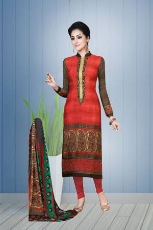 Adorn The Angelic Look With this Red Colored Duit Paired With Red Colored Bottom And Multi Colored Dupatta. Its Top And Bottom Are Fabricated On Crepe Paired With Georgette Dupatta. Buy This Suit Now.