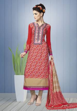 For Your Casual Wear Grab This Simple Suit In Red Color Paired With Beige Colored Bottom And Beige and Red Dupatta. Its Top And Bottom Are fabricated On Crepe Paired With Chiffon Dupatta. Buy this Suit Now.