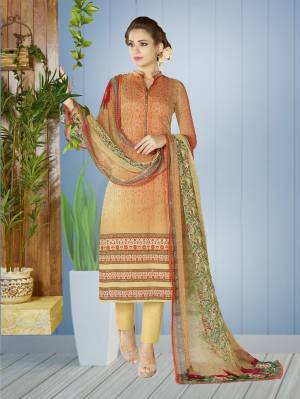 Light Shades In Bright Color Is Always A Beautiful Concept. Grab This Light Orange Colored Suit Paired With Beige Colored Bottom And Multi Colored Dupatta. Its Top And Bottom Are Fabricated On Lawn Cotton Paired With Chiffon Dupatta. Grab This Dress Material Now And Get This Stitched As Per Your Size And Comfort.