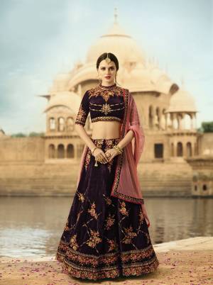 New And Unique Color Is Here Which Is Also In Very Much Demand. Grab This Attractive Lehenga Choli In Wine Color Paired With contrasting Pink Colored Dupatta. This Lehenga And Choli Are Fabricated On Velvet Paired With Net Fabricated Dupatta. This Designer Lehenga Choli Is Soft Towards Skin and easy To Carry All Day Long.