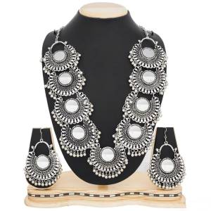 Long Necklace Set Is Here In Silver Color In Oxidize Material. This Necklace Set Comes With A Set OF Earrings. Buy It Now. 