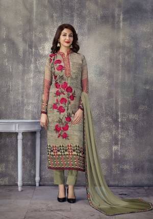 New And Unique Shade Is Here With This Straight Cut Suit In Grey Colored Top Paired With Olive Green Colored Bottom And Dupatta. Its Top Is Fabricated On Georgette Paired With Santoon Bottom And Chiffon Dupatta. It Has Contrasting Resham Embroidery Which Is Making The Suit More Attractive.