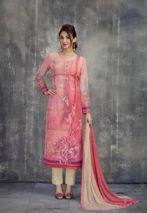 Look Pretty Wearing This Straight Cut Suit In Pink Color Paired With Cream Colored Bottom And Pink And Cream Dupatta. Its top Is Fabricated On Georgette Paired With Santoon Bottom And Chiffon Dupatta.  It Is Light In Weight And Easy To Carry All Day Long.