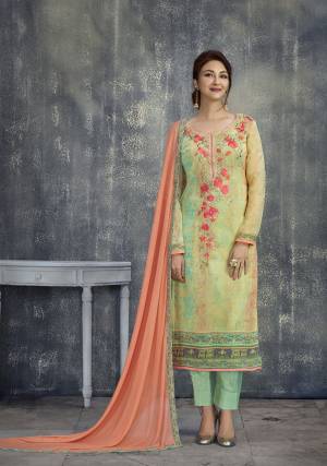 For Your Semi-Casual Wear Or Festive Wear, Grab This Straight Cut Suit In Green Color Paired With Contrasting Peach Colored Dupatta. Its Top Is Fabricated On Georgette Paired With Santoon Bottom And Chiffon Dupatta. All Three Fabrics Ensures Superb Comfort All Day Long. Buy Now.