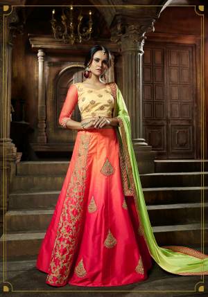 Colors Add Beauty To Every Attire You Wear, So Grab This Designer Colorful Lehenga Choli In Light Yellow Colored Blouse Paired With Pink Colored Lehenga And Light Green Colored Dupatta. Its Blouse Is Fabricated On Art Silk Paired With Satin Silk Lehenga And Satin Dupatta. Its Beautiful Embroidered Patch Work Will Earn You Lots Of Compliments From Onlookers.
