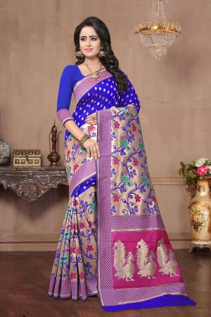 Attract All Wearing This Saree In Royal Blue Color Paired With Royal Blue Colored Blouse. This Saree And Blouse Are Fabricated On Banarasi Art Silk Beautified With Weave All Over It. This Saree Is Light In Weight And Easy To Carry All Day Long.