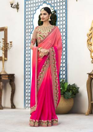 Look Pretty Wearing This Saree In Pink Color Paired With Beige Colored Blouse. This Saree Is Fabricated On Chiffon Paired With Art Silk Fabricated Blouse. It Has Broad Embroidered Border And Embroidery Over The Blouse With Contrasting Colors. Buy This Designer Saree Now.
