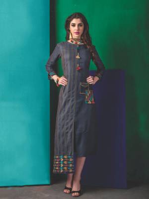 Enhance Your Personality wearing this Beautiful Kurti In Navy Blue Color Fabricated On Cotton. This Kurti Has Asymteric pattern With Multi Colored Thread Embroidery. Buy It Now.