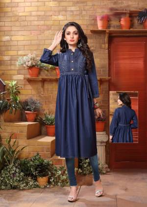 Another Yoke Patterned Denim Kurti Is Here Blue Color Fabricated On Soft Denim. This Kurti Has Prints Over Its Yoke. Buy Now.